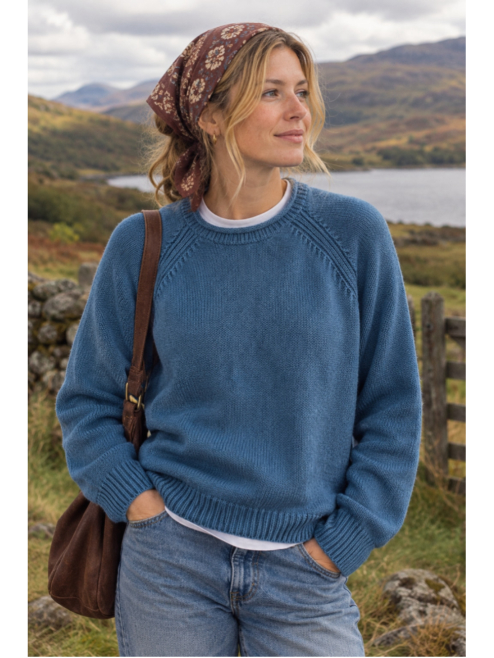 Scottish Isle Essentials Blue Roll Neck Cotton Sweater Cottagecore Heritage Prep